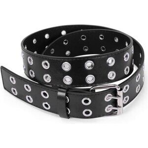 Double Grommet Belt for Women Men PU Leather Double Prong Buckle Vintage Punk